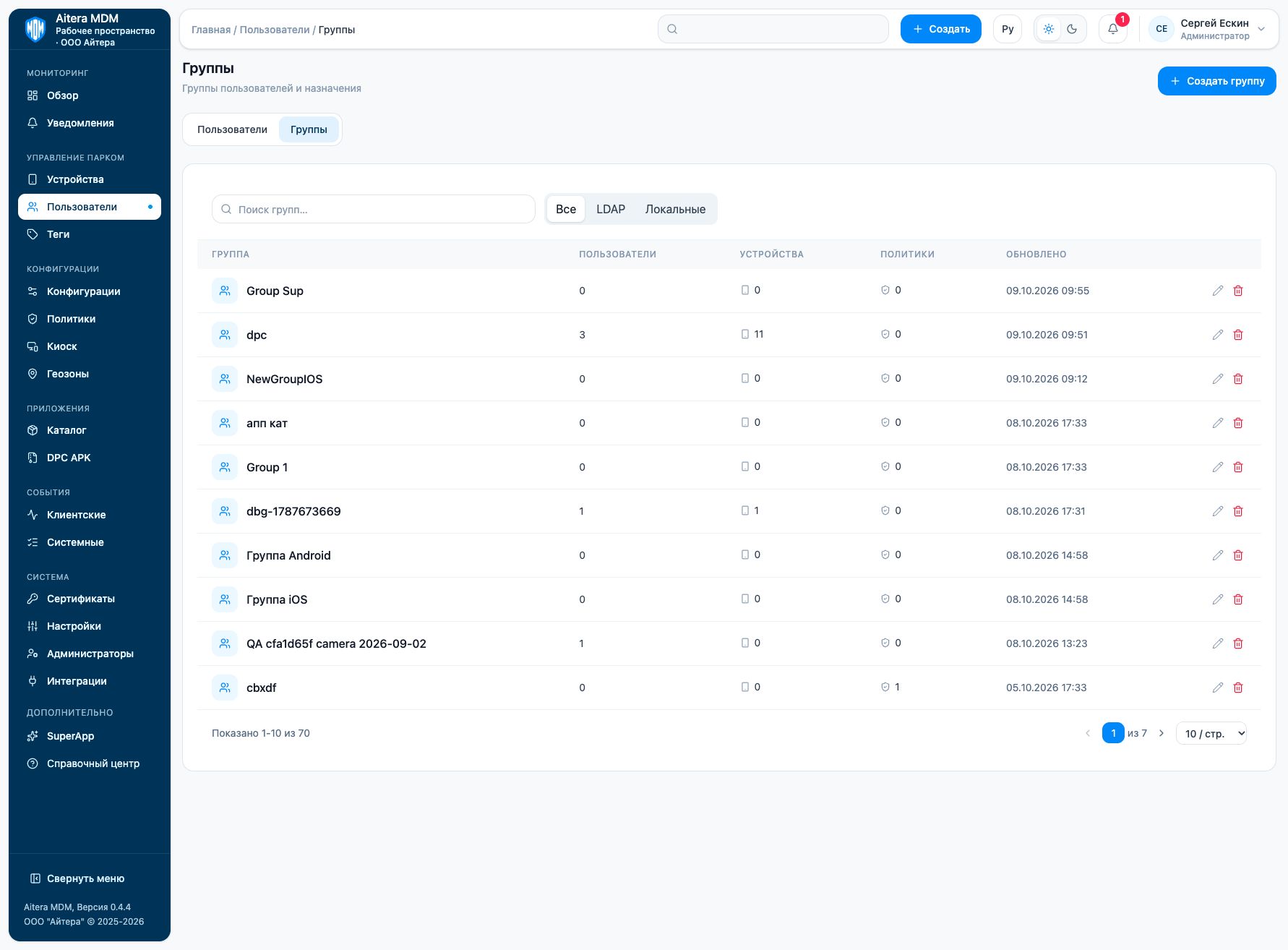User groups: screen of the current admin console